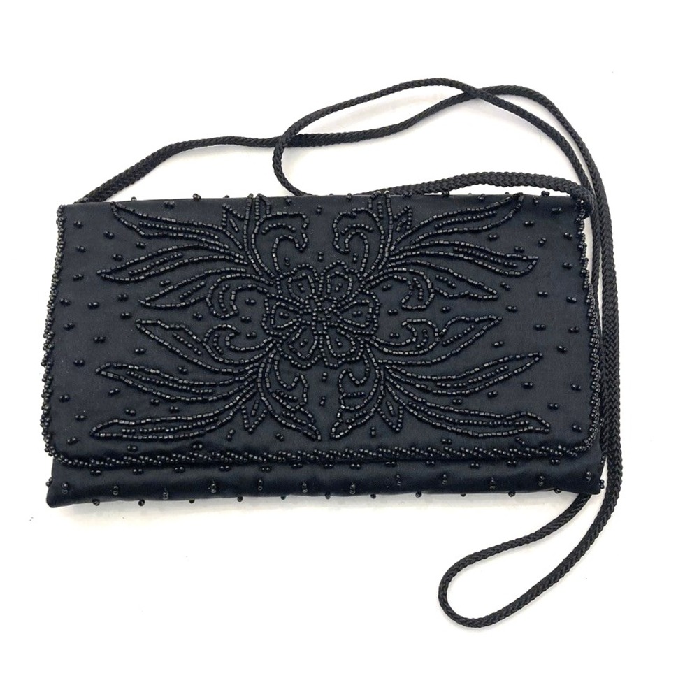 La Regale Satin Beaded Purse Vintage Black Padded Flat Handmade 8.5"x4.75"